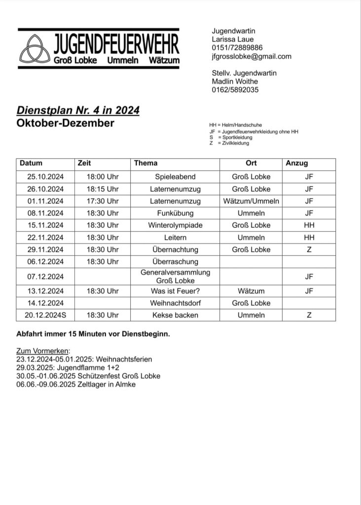 Dienstplan JF Q4